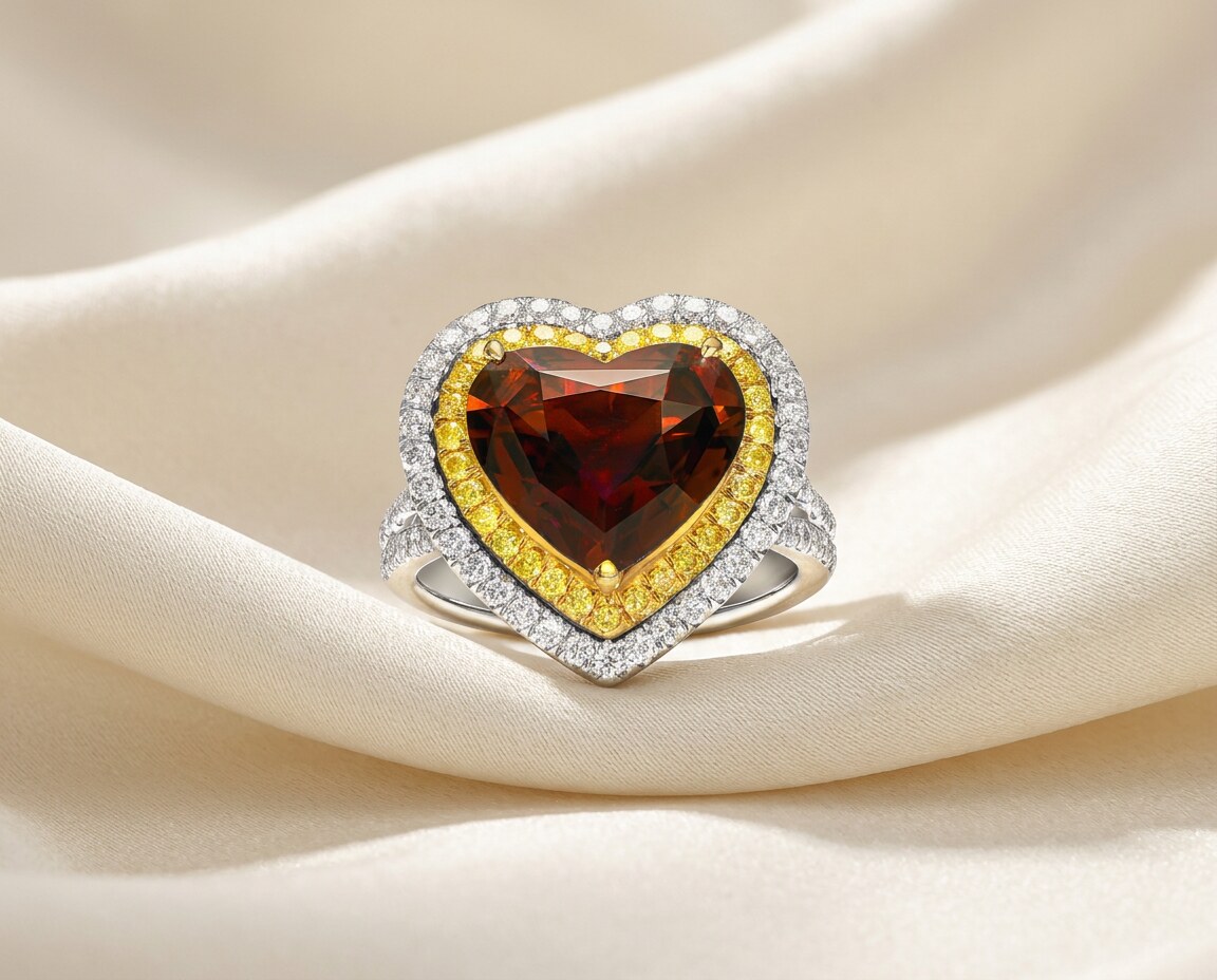 Heart-cut red gemstone ring with yellow and white diamonds